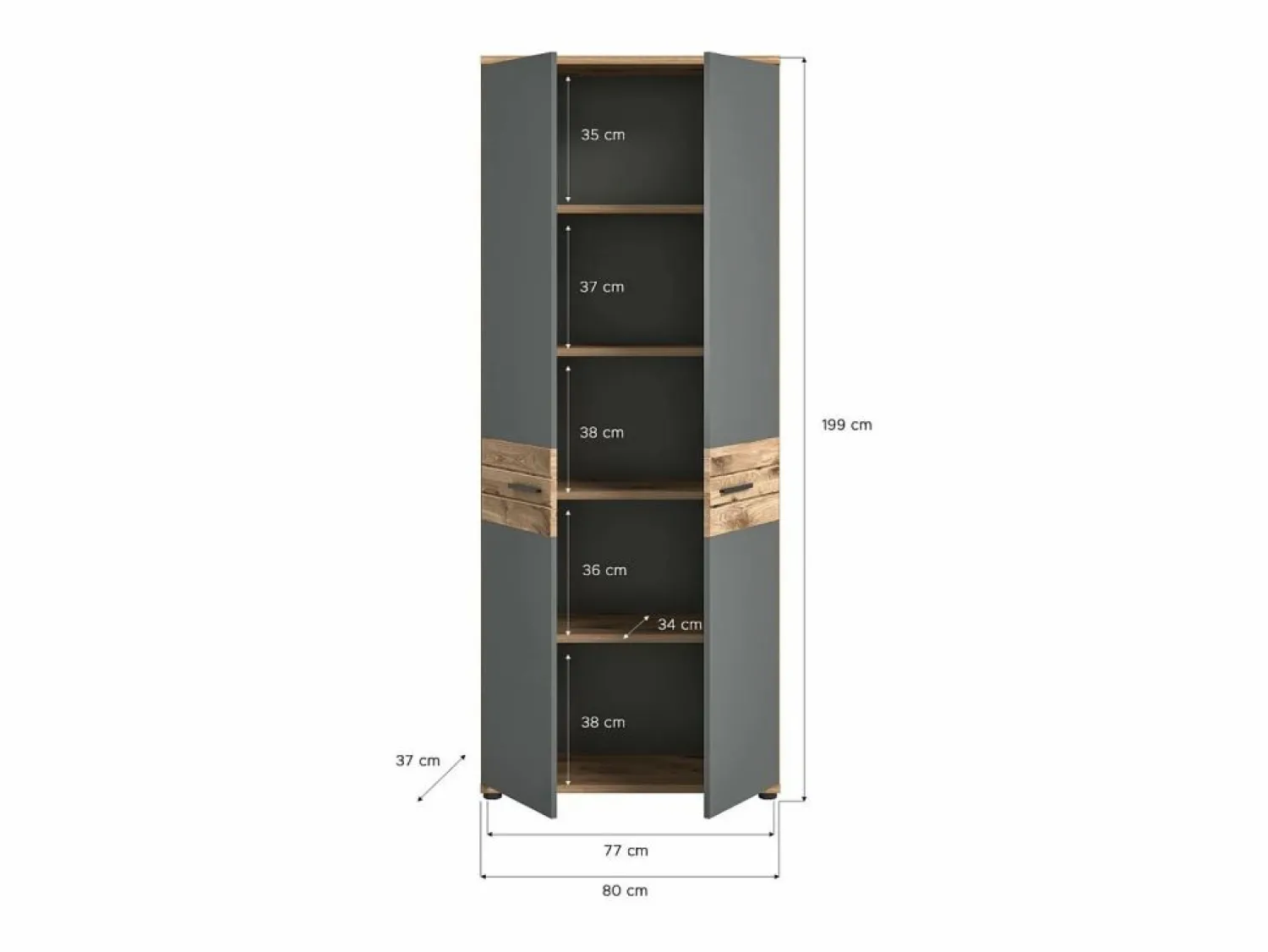 Meublorama Armario de almacenamiento de oficina 2 puertas – y roble claro – SELMA Gris antracita