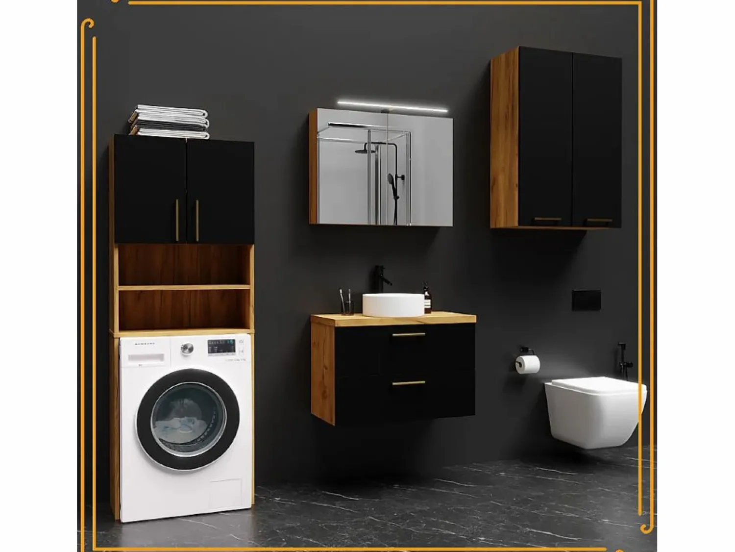 Armario de baño colgante de 60 cm sobre el lavabo con estantes para lavadora en roble artesanal y negro.