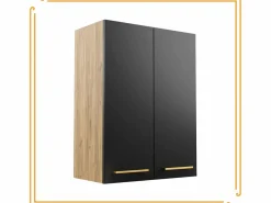 Armario de baño colgante de 60 cm sobre el lavabo con estantes para lavadora en roble artesanal y negro.