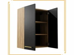 Armario de baño colgante de 60 cm sobre el lavabo con estantes para lavadora en roble artesanal y negro.