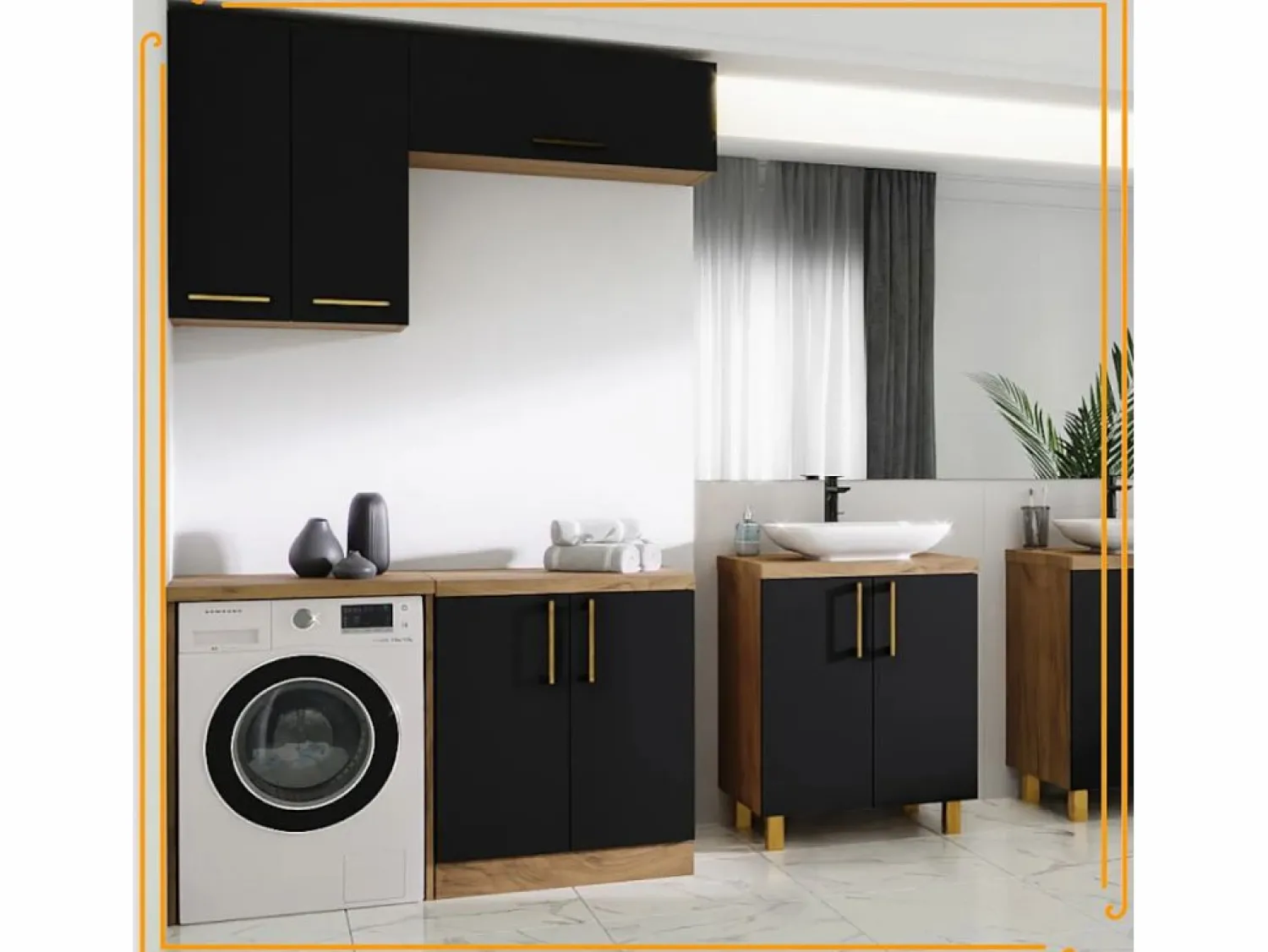 Armario de baño colgante de 60 cm sobre el lavabo con estantes para lavadora en roble artesanal y negro.