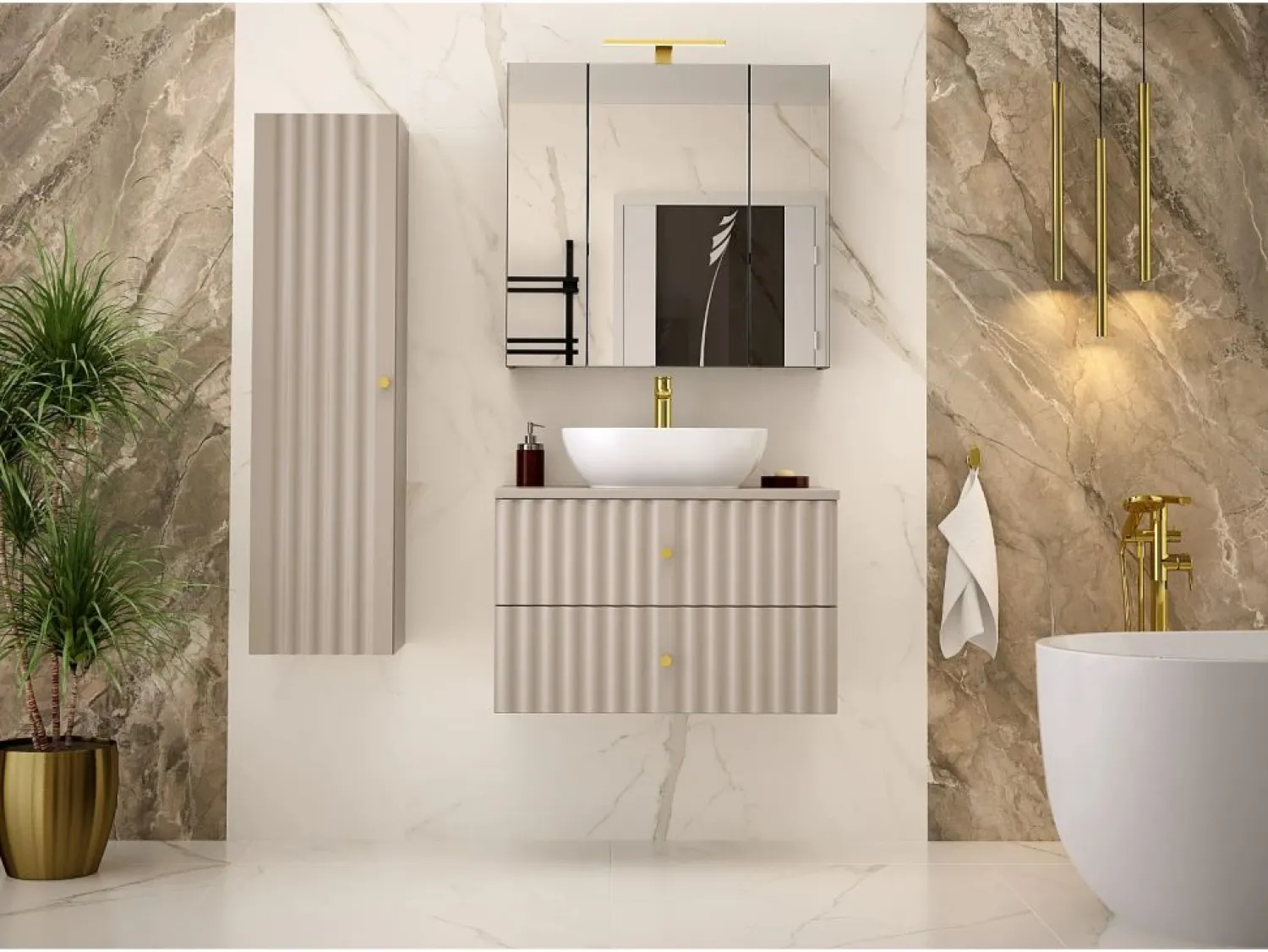 Clearance Armario de baño de cachemira para lavabo de 80 cm con frentes ranurados Aqua Beige