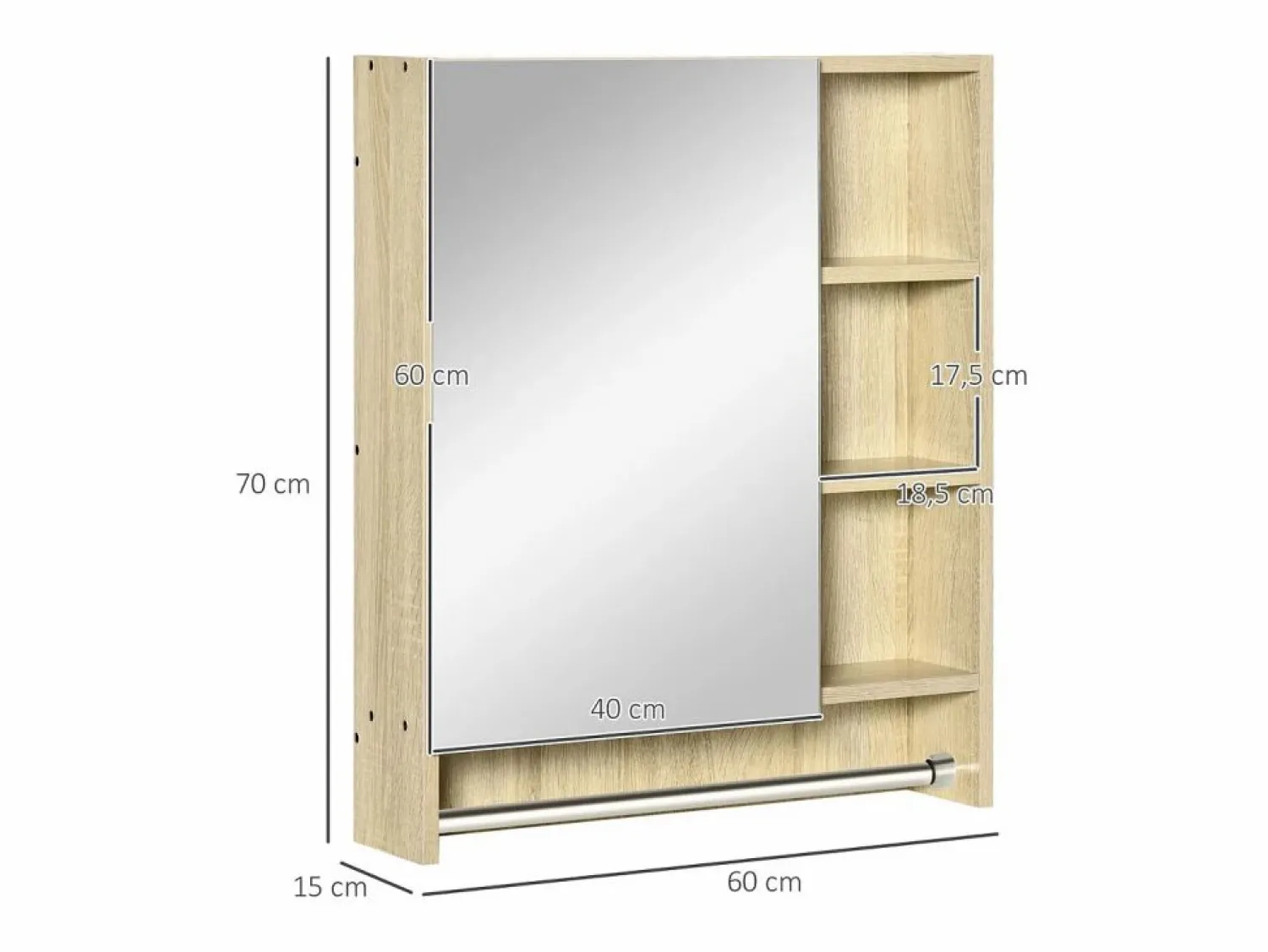 Outlet Basic Armario de baño Enebro Kleankin con espejo, estantes y toallero natural 70x60x15 cm Color natural claro