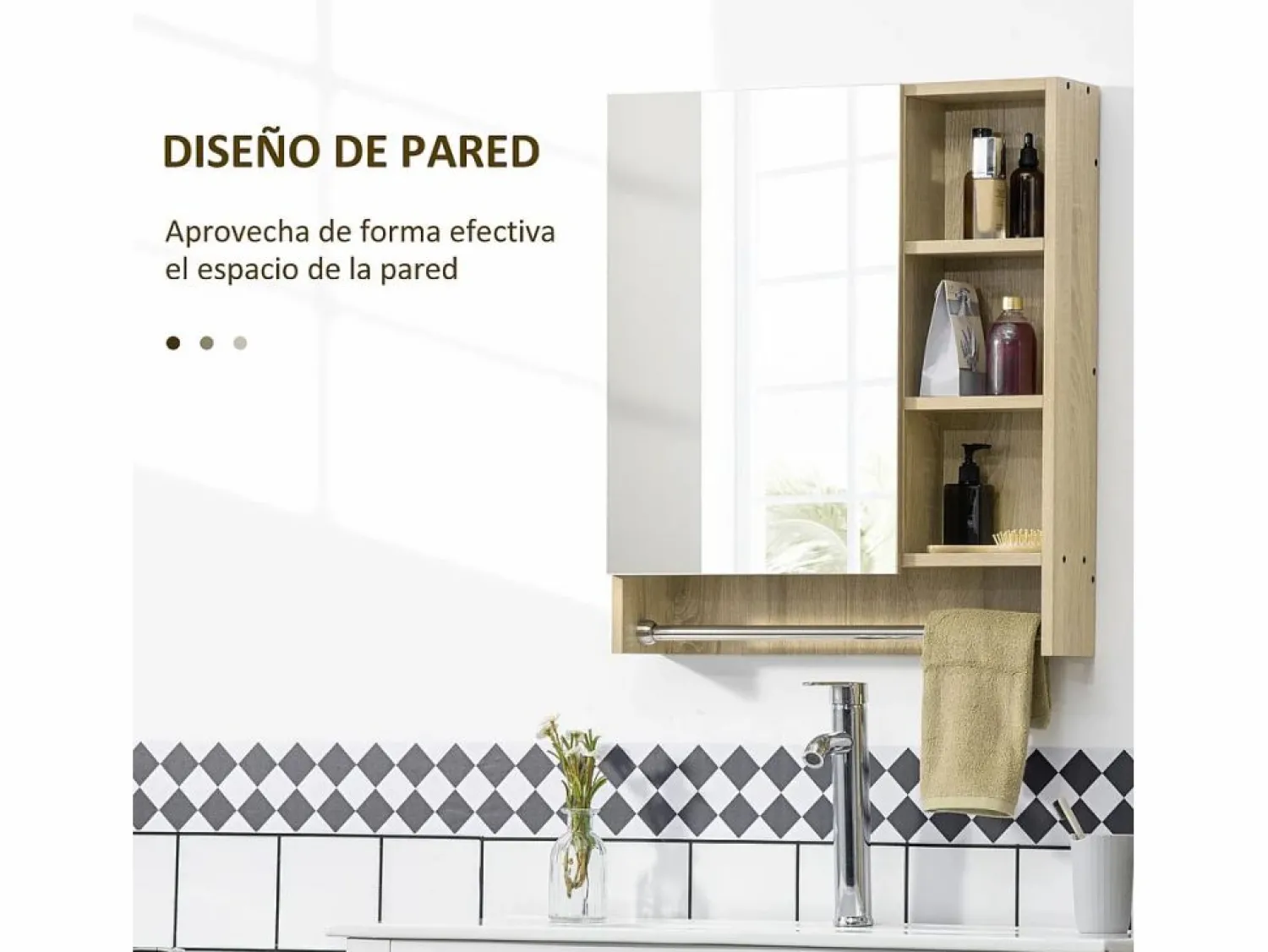 Outlet Basic Armario de baño Enebro Kleankin con espejo, estantes y toallero natural 70x60x15 cm Color natural claro