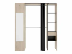 New Vente-unique Armario de 177cm de ancho con cortina y puerta, 1 espejo, color natural y antracita - BERTRAND Gris antracita / Color natural claro