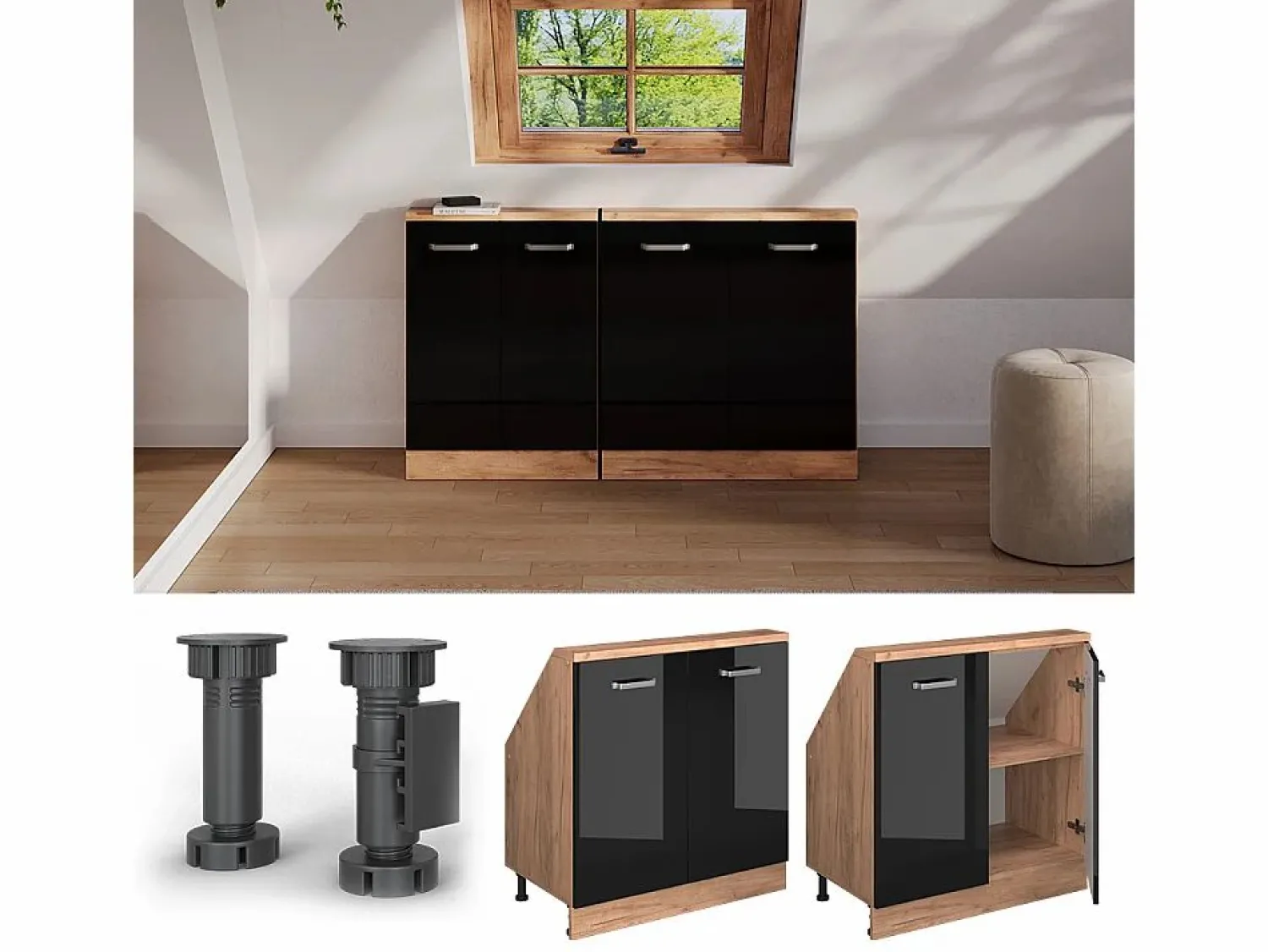 New Vicco Armario de cocina para techo inclinado brillo intenso 80x46x81.6 r-line Negro