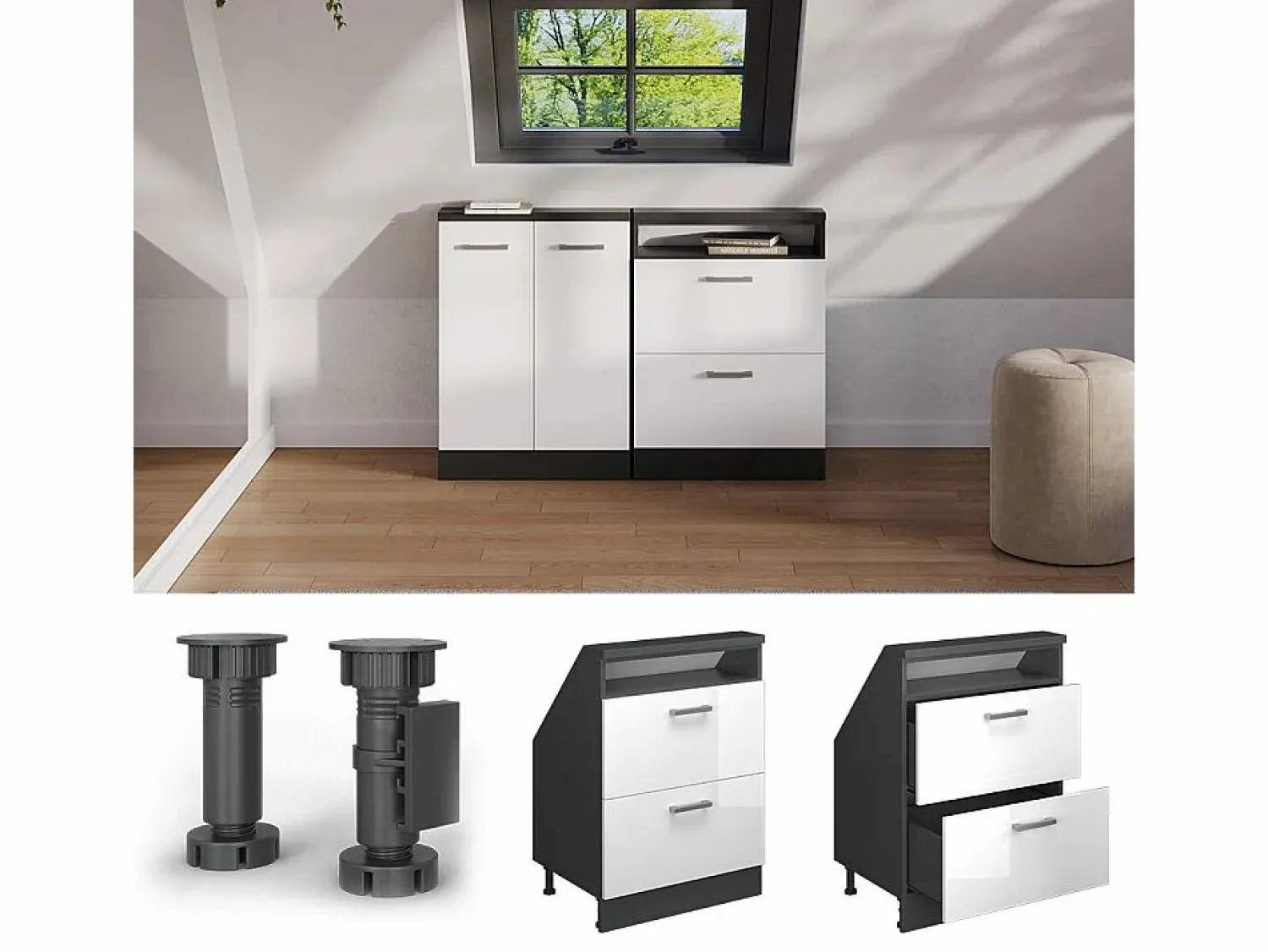 Vicco Armario de cocina para techo inclinado alto brillo 60x46x81.6 r-line