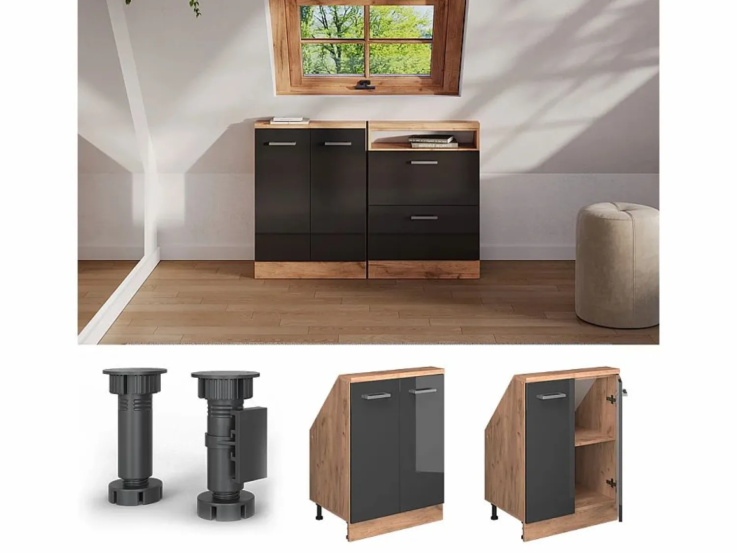 Best Armario de cocina para techo inclinado antracita alto brillo 60x46x81.6 r-line Armario Para Buhardilla