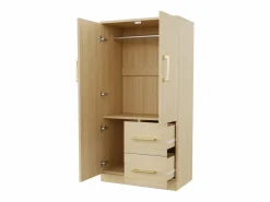 OKWISH Armario de dormitorio, armario color natural con dos puertas y dos cajones, tiradores metálicos Color natural claro