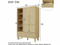Merax Armario de dos puertas en ratán trenzado - 120 x 50 x 180 cm - estilo rústico con efecto roble - con estantes + 2 cajones - madera - natural Color natural claro