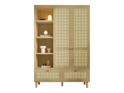 Merax Armario de dos puertas en ratán trenzado - 120 x 50 x 180 cm - estilo rústico con efecto roble - con estantes + 2 cajones - madera - natural Color natural claro