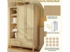 Merax Armario de dos puertas en ratán trenzado - 120 x 50 x 180 cm - estilo rústico con efecto roble - con estantes + 2 cajones - madera - natural Color natural claro