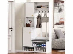 Sale Armario de entrada completo con banco, 4 ganchos, puertas y cajones, MDF, (100x180x35cm) Blanco