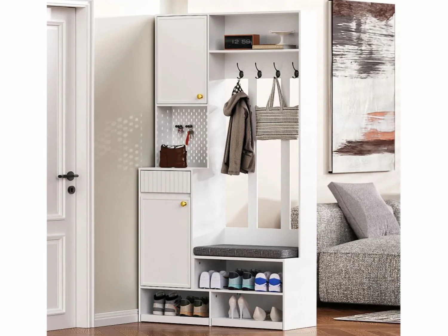 Sale Armario de entrada completo con banco, 4 ganchos, puertas y cajones, MDF, (100x180x35cm) Blanco