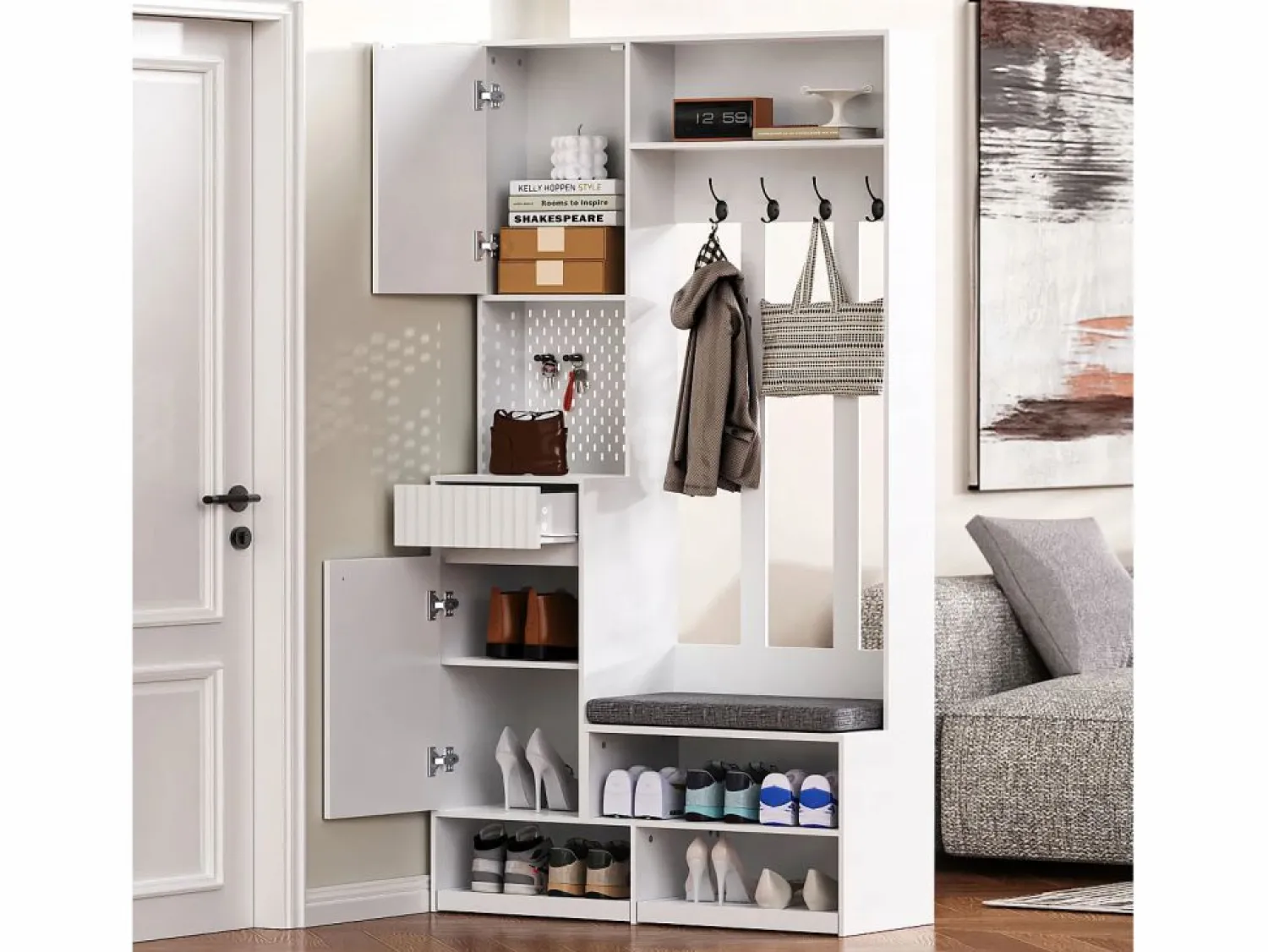 Sale Armario de entrada completo con banco, 4 ganchos, puertas y cajones, MDF, (100x180x35cm) Blanco