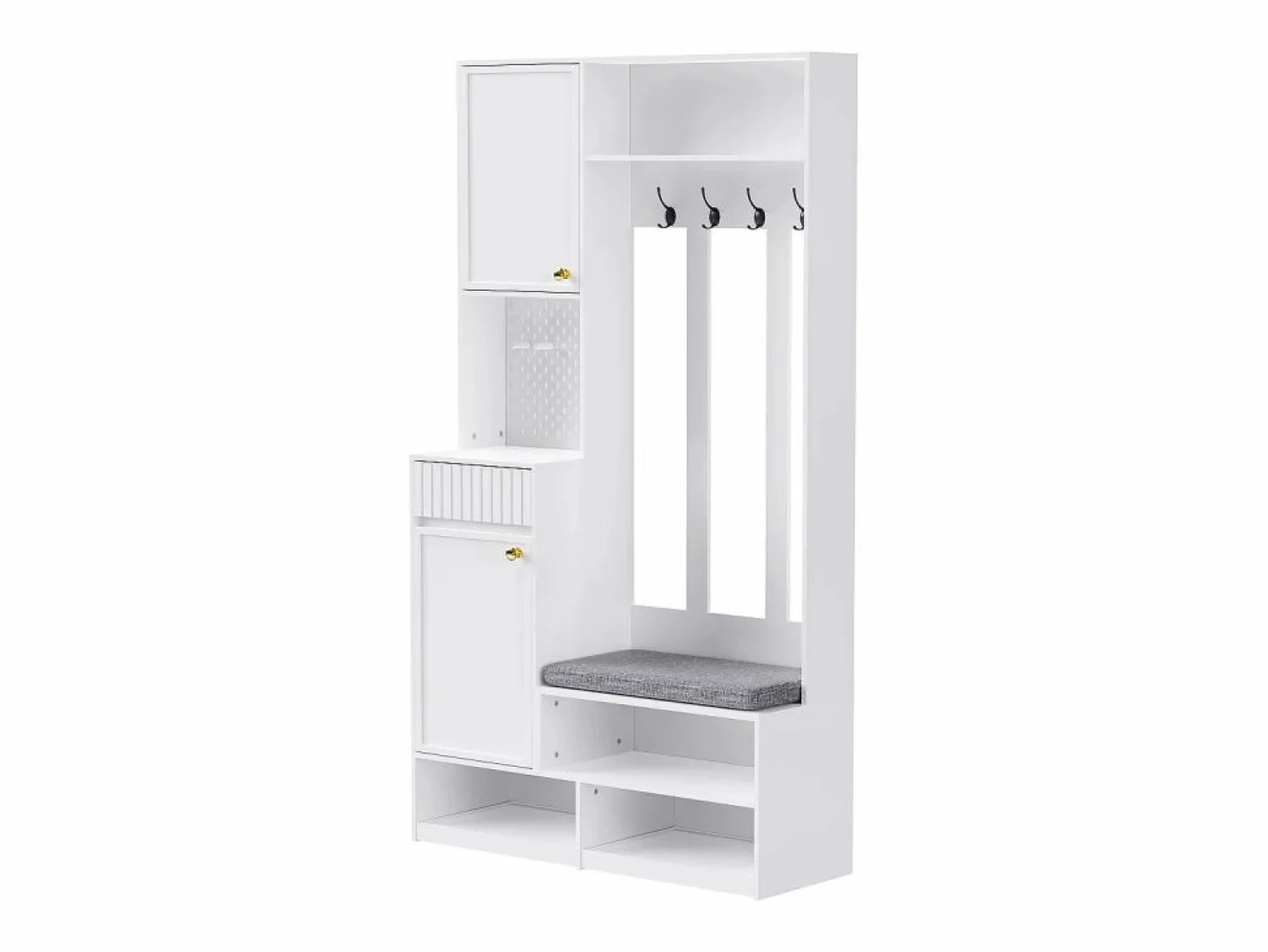 Sale Armario de entrada completo con banco, 4 ganchos, puertas y cajones, MDF, (100x180x35cm) Blanco