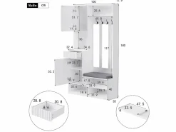 Sale Armario de entrada completo con banco, 4 ganchos, puertas y cajones, MDF, (100x180x35cm) Blanco