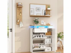 Merax Armario de entrada de 3 piezas - 105 x 25 x 151,5 cm - con espejo + estante de pared + zapatero - aglomerado -