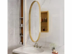 Discount Armario de espejo ovalado de pared con estructura de metal y estantes ajustables, para baño, salón y dormitorio, (91 x 61 x 12 cm) Dorado