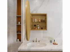 Discount Armario de espejo ovalado de pared con estructura de metal y estantes ajustables, para baño, salón y dormitorio, (91 x 61 x 12 cm) Dorado