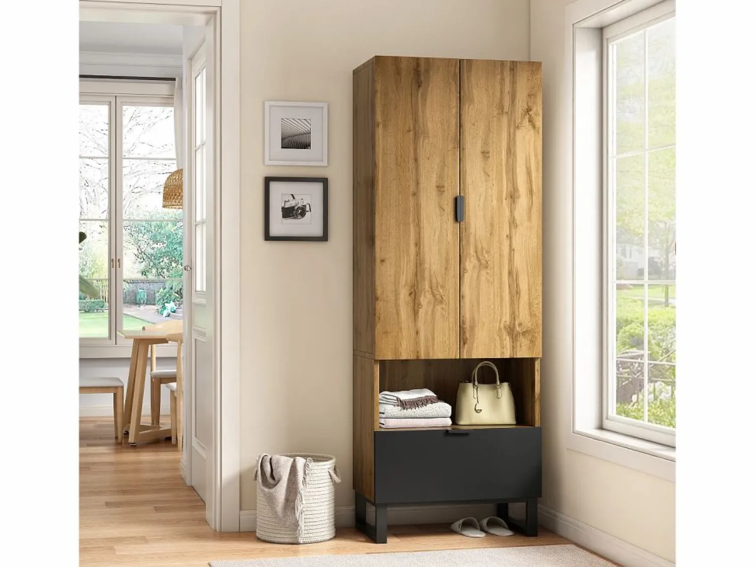 Sale Armario de recibidor con cajón, estantes regulables y perchero, tablero de partículas de madera, color natural y negro (180x38x65 cm) Marru00f3n