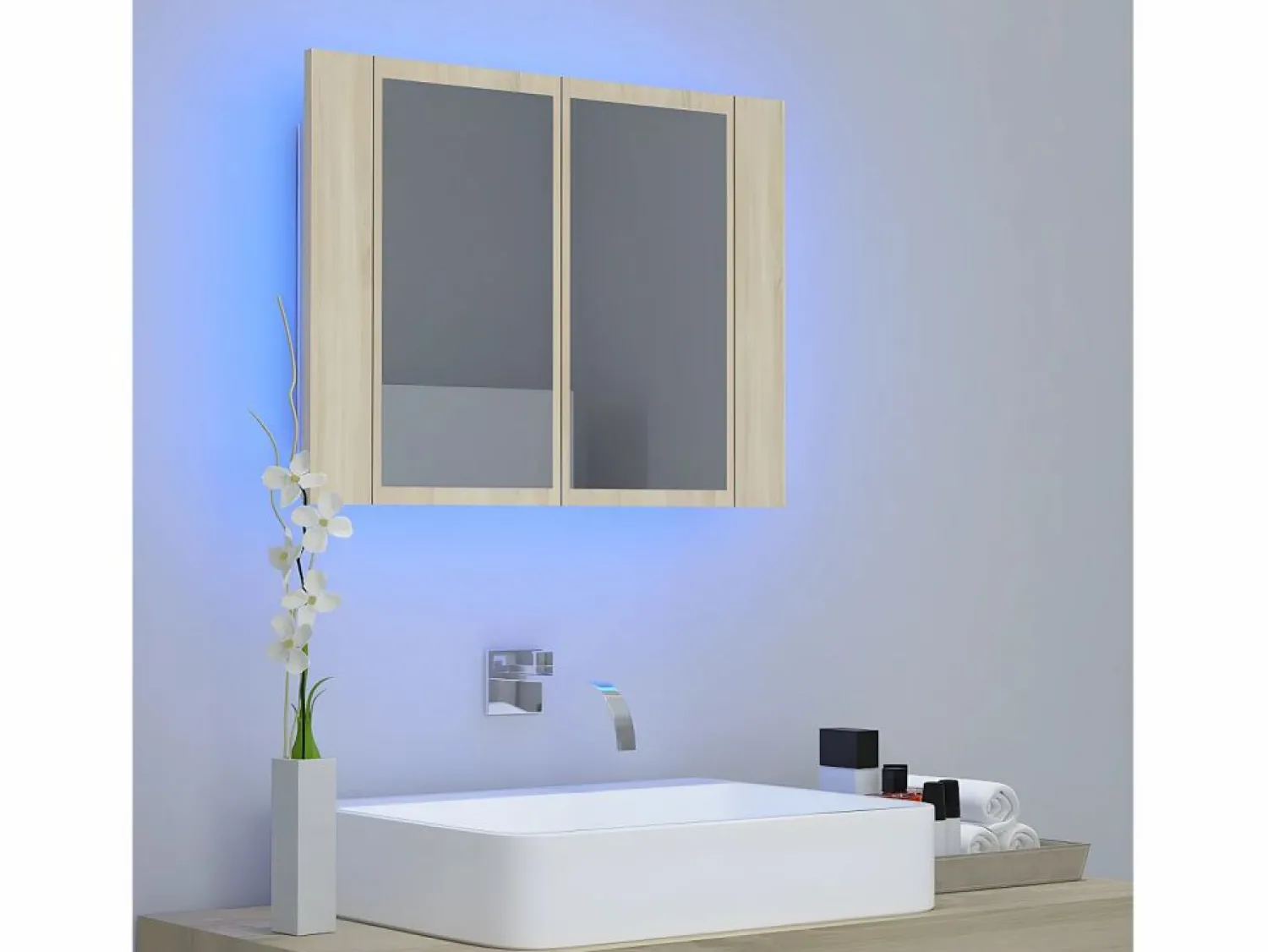 New Armario espejo de baño LED acrílico roble Sonoma 60x12x45 cm ES265074 Accesorios De Cuarto De Baño|Espejo De Cuarto De Baño