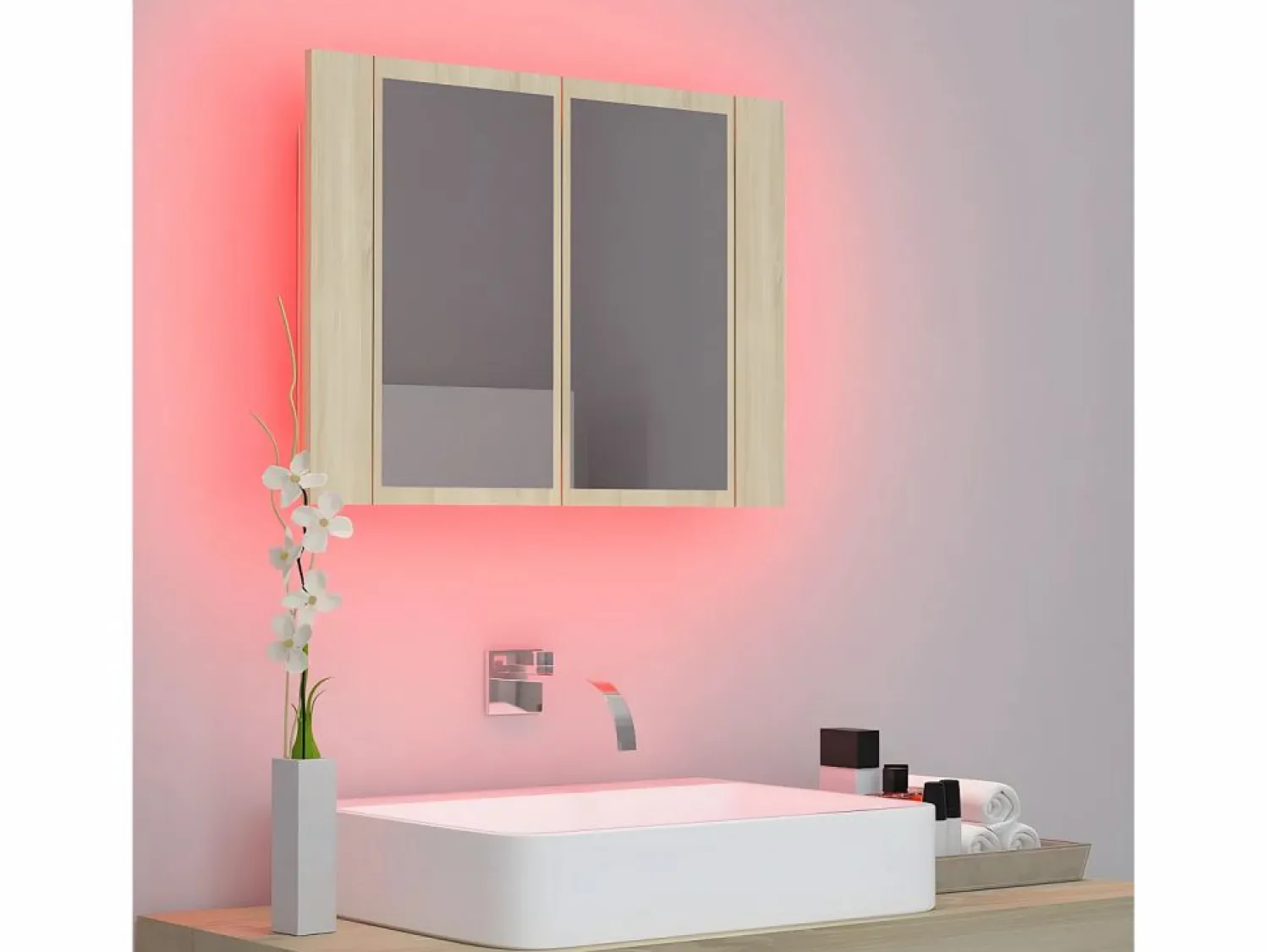 New Armario espejo de baño LED acrílico roble Sonoma 60x12x45 cm ES265074 Accesorios De Cuarto De Baño|Espejo De Cuarto De Baño