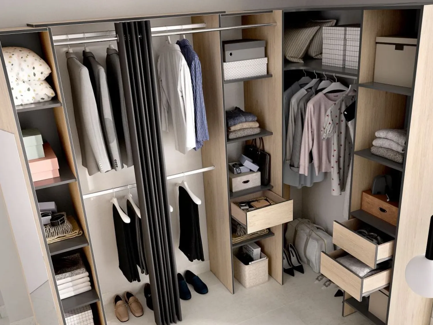 Discount Vente-unique Armario esquinero con 1 puerta, cortina y espejo, 231 cm de ancho, natural y antracita - BETRAND Gris antracita / Color natural claro