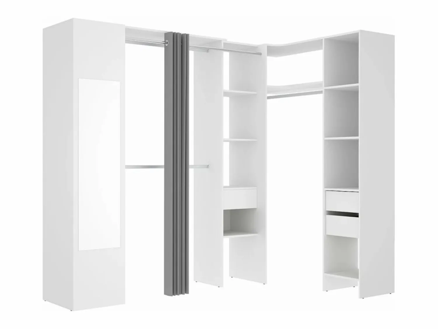 Outlet Vente-unique Armario esquinero con 1 puerta, cortina y espejo, 231 cm de ancho, y gris - BETRAND Blanco