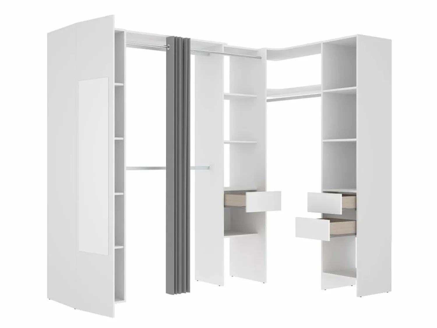 Outlet Vente-unique Armario esquinero con 1 puerta, cortina y espejo, 231 cm de ancho, y gris - BETRAND Blanco