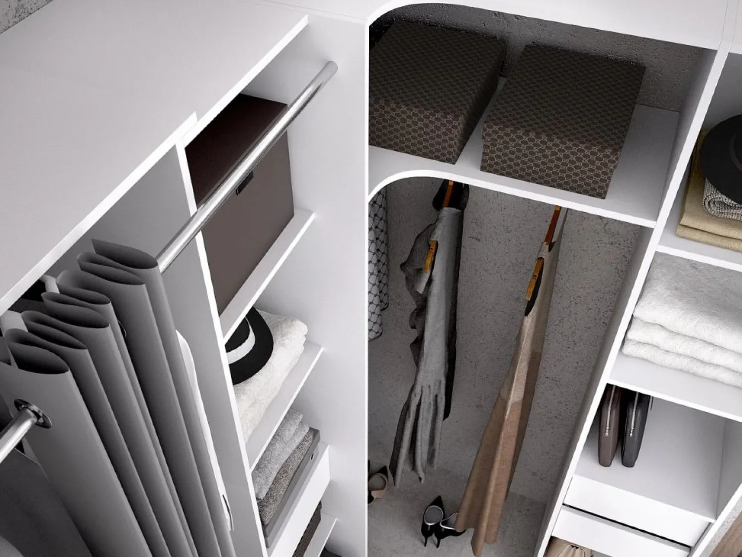 Outlet Vente-unique Armario esquinero con 1 puerta, cortina y espejo, 231 cm de ancho, y gris - BETRAND Blanco