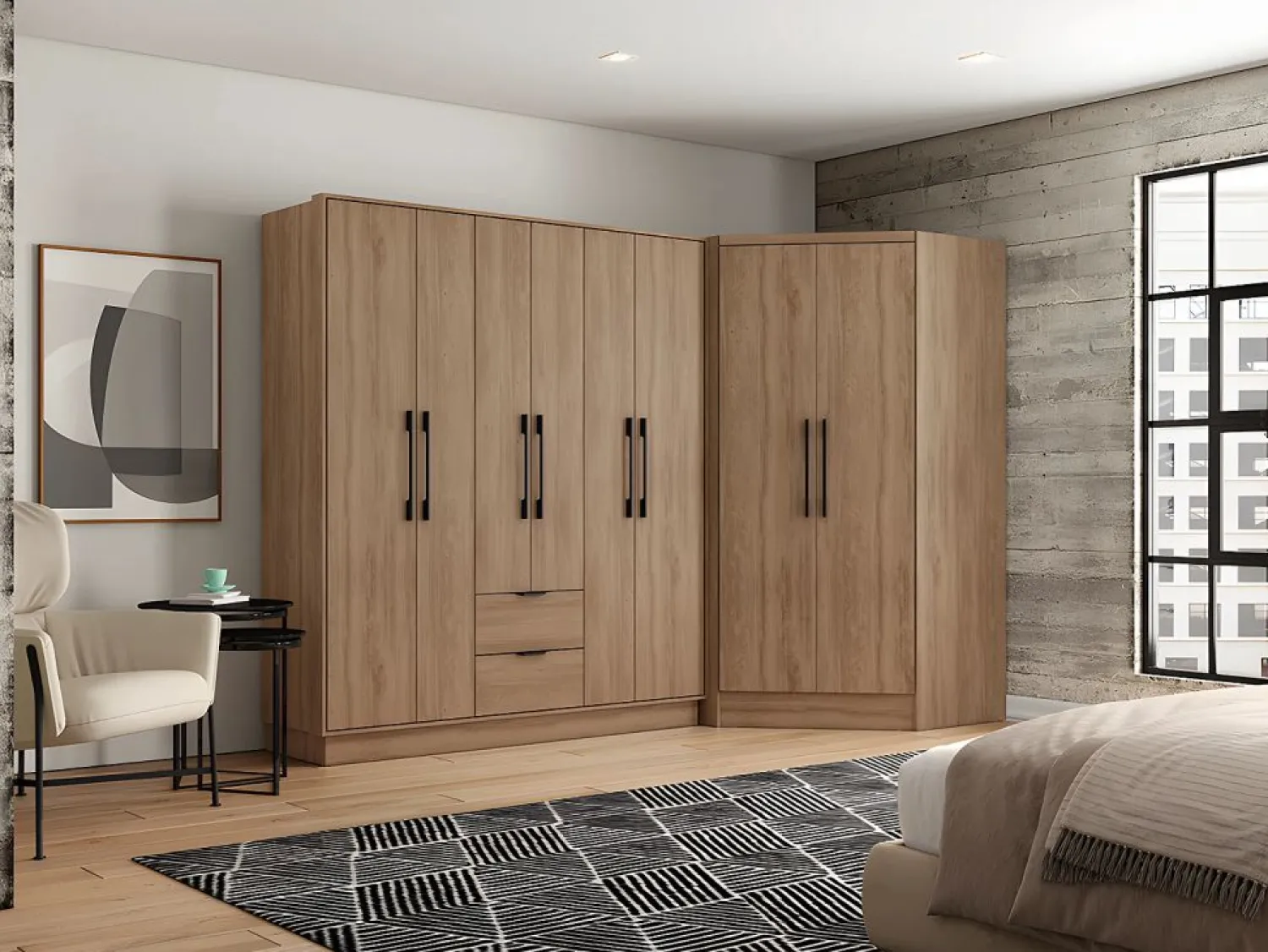Outlet Vente-unique Armario esquinero de 8 puertas y 2 cajones L263 cm color natural - FEOVA Color natural claro