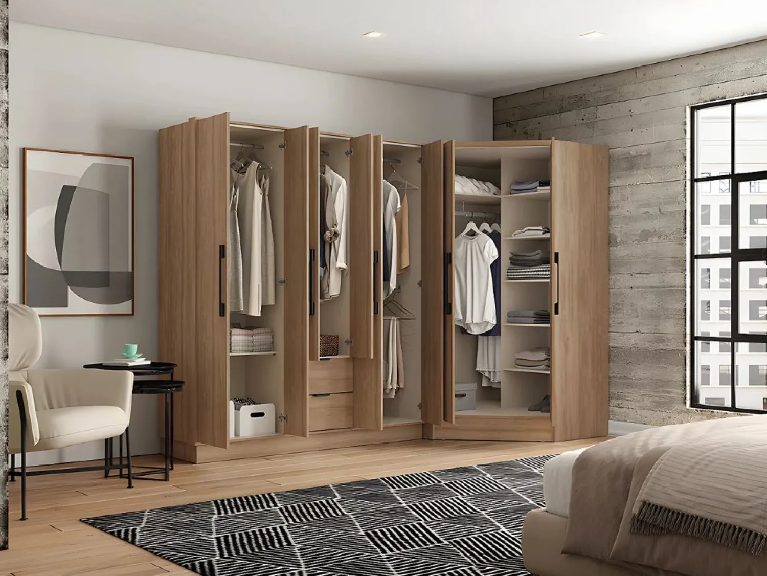 Outlet Vente-unique Armario esquinero de 8 puertas y 2 cajones L263 cm color natural - FEOVA Color natural claro