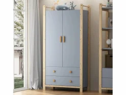 Online Merax Armario infantil - 90 x 45 x 180 cm - con 2 puertas + barra + 2 cajones - aglomerado - Azul