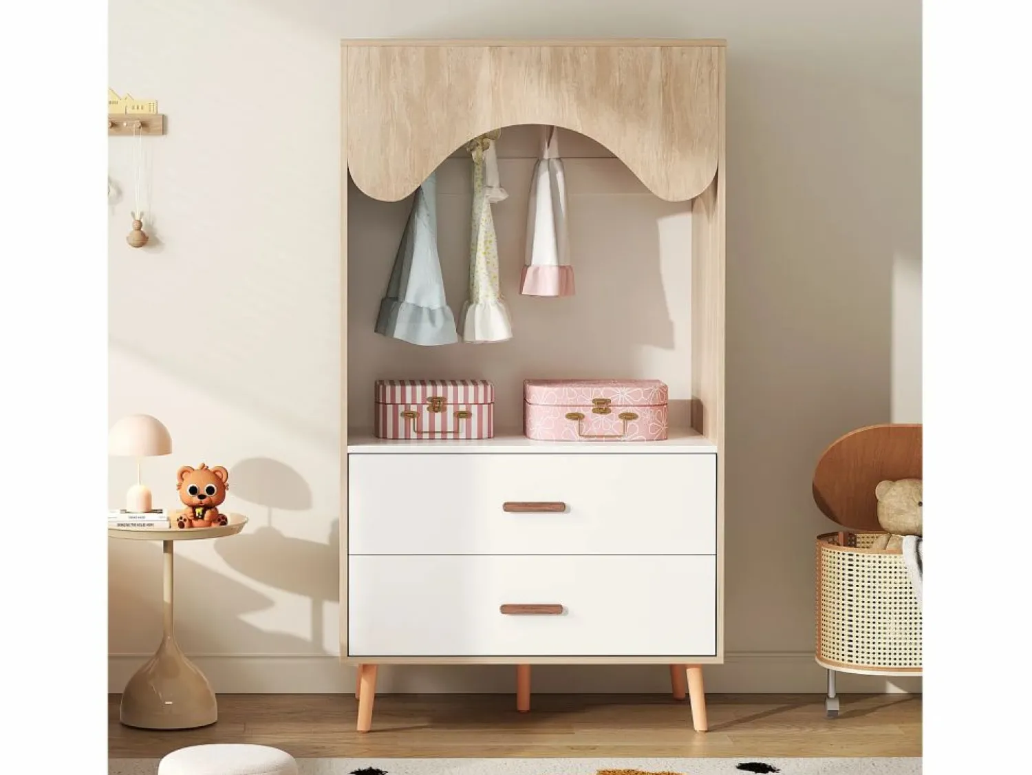 ModernLuxe Armario infantil abierto 80x46x141.5 cm - con barra para colgar ropa y 2 cajones - patas y tiradores de madera maciza - blanco + natural