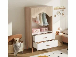 ModernLuxe Armario infantil abierto 80x46x141.5 cm - con barra para colgar ropa y 2 cajones - patas y tiradores de madera maciza - blanco + natural