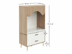 ModernLuxe Armario infantil abierto 80x46x141.5 cm - con barra para colgar ropa y 2 cajones - patas y tiradores de madera maciza - blanco + natural