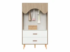 ModernLuxe Armario infantil abierto 80x46x141.5 cm - con barra para colgar ropa y 2 cajones - patas y tiradores de madera maciza - blanco + natural