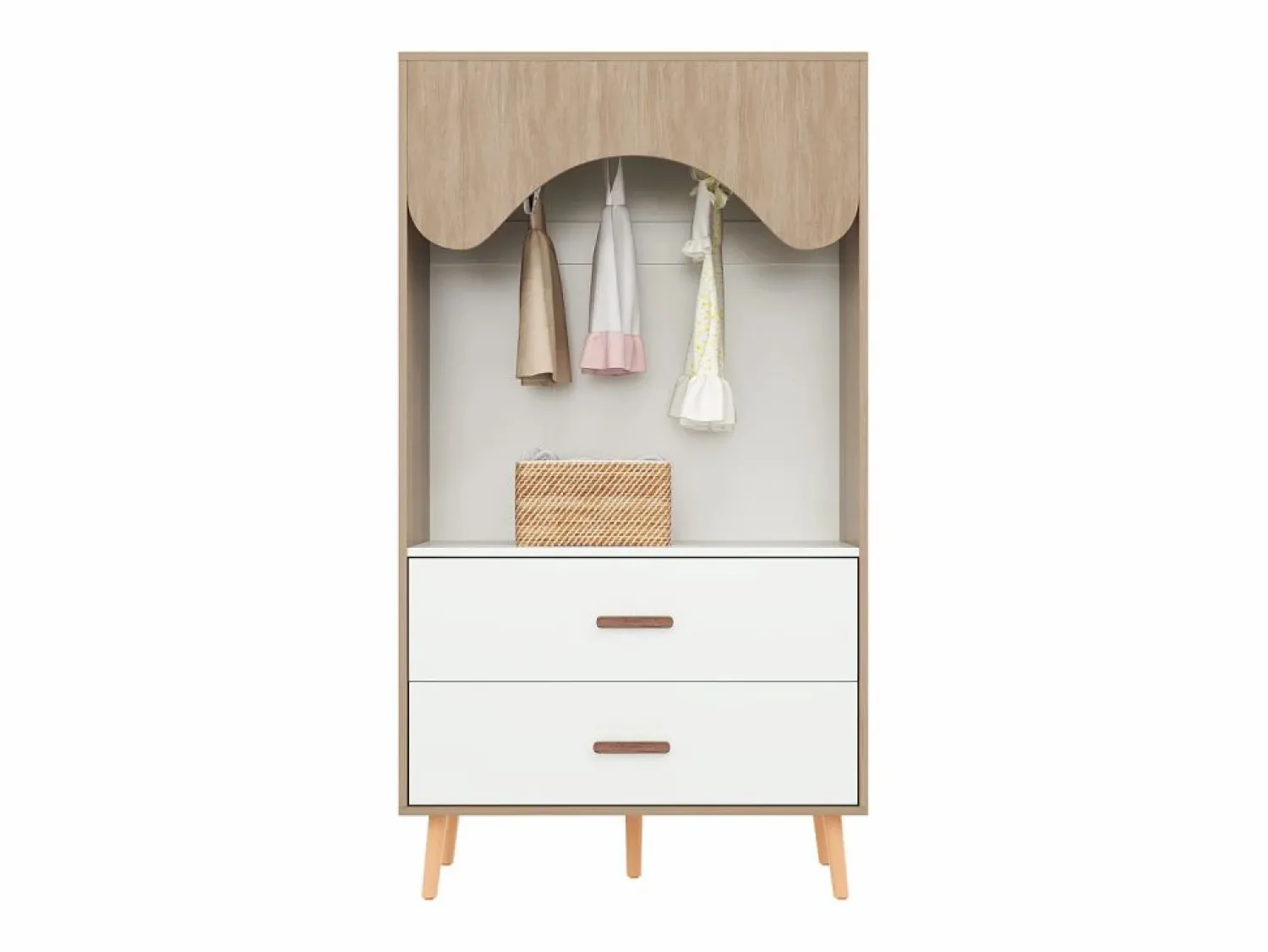 ModernLuxe Armario infantil abierto 80x46x141.5 cm - con barra para colgar ropa y 2 cajones - patas y tiradores de madera maciza - blanco + natural