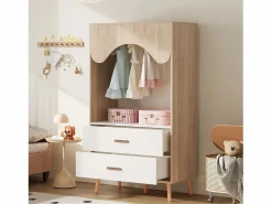 Clearance Armario infantil con 2 cajones y barra para colgar ropa, color natural y blanco, diseño abierto Muebles Niño