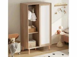 Online Hauss Spole Armario infantil con 2 puertas correderas y barra para colgar ropa, blanco y natural, 80 × 45,7 × 141,5 cm Color natural claro