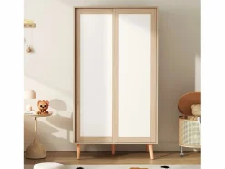 Online Hauss Spole Armario infantil con 2 puertas correderas y barra para colgar ropa, blanco y natural, 80 × 45,7 × 141,5 cm Color natural claro