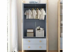 Sale ModernLuxe Armario infantil 89.6x44x180.5 cm - 2 cajones y 2 puertas - 1 barra para colgar ropa - estructura de pino - + natural Azul