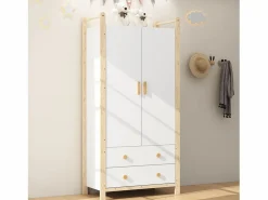 ModernLuxe Armario infantil 89.6x44x180.5 cm - 2 cajones y 2 puertas - 1 barra para colgar ropa - estructura de pino - + natural