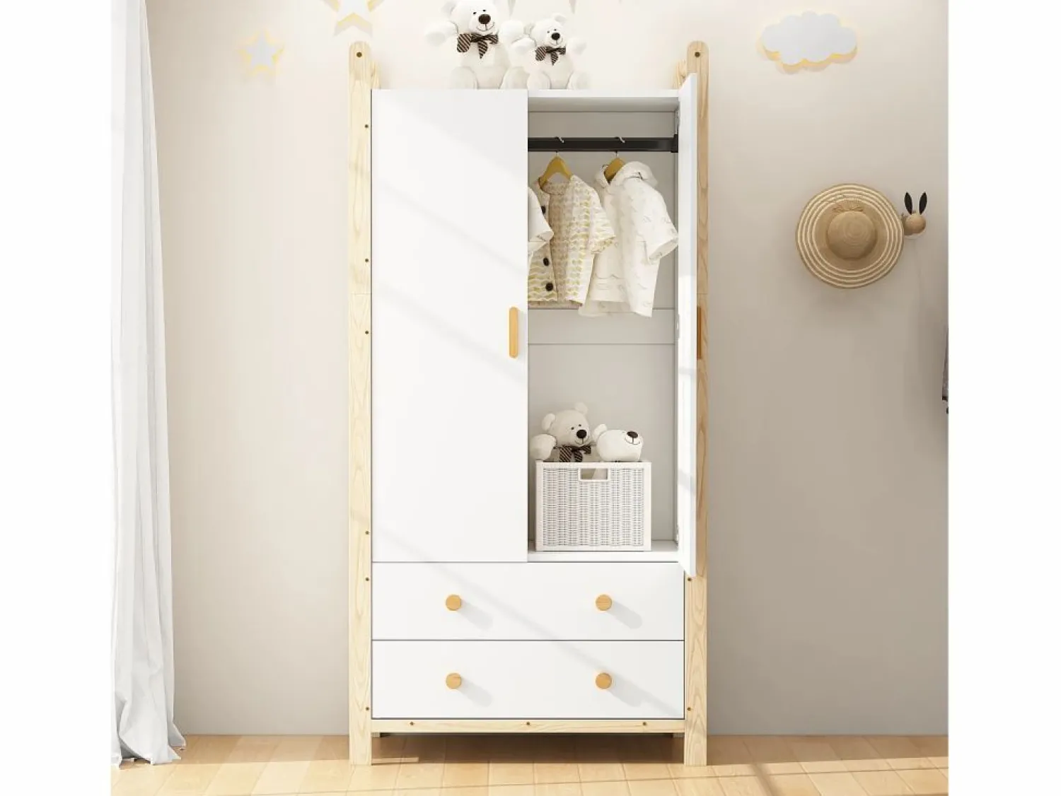 ModernLuxe Armario infantil 89.6x44x180.5 cm - 2 cajones y 2 puertas - 1 barra para colgar ropa - estructura de pino - + natural