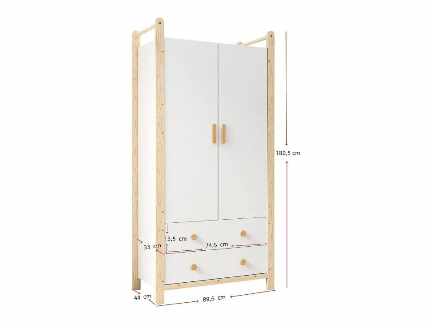 ModernLuxe Armario infantil 89.6x44x180.5 cm - 2 cajones y 2 puertas - 1 barra para colgar ropa - estructura de pino - + natural