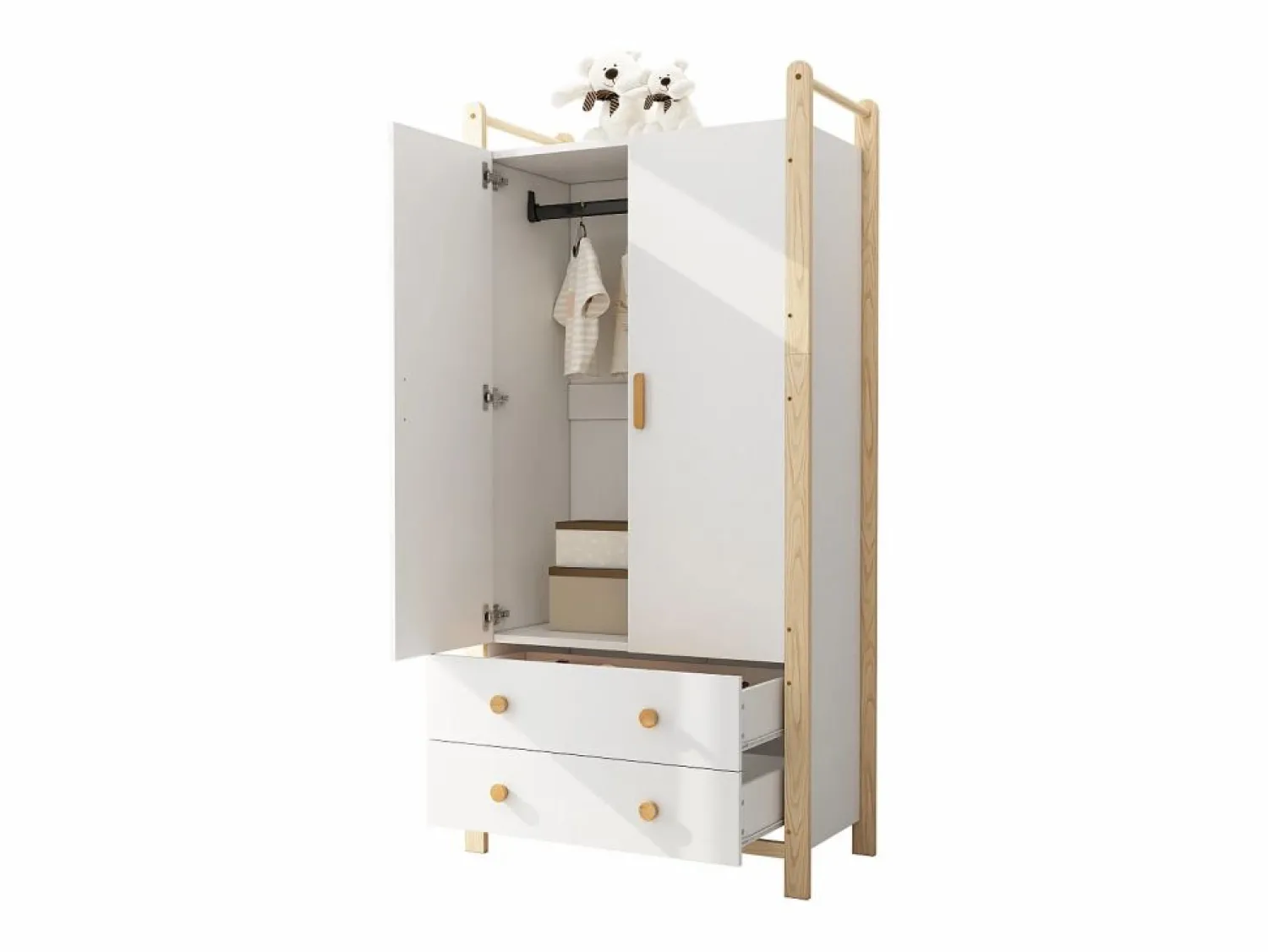 ModernLuxe Armario infantil 89.6x44x180.5 cm - 2 cajones y 2 puertas - 1 barra para colgar ropa - estructura de pino - + natural