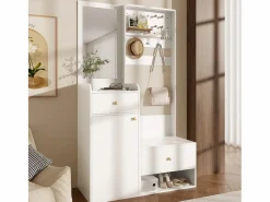 Best Merax Armario moderno - 105 x 38 x 180 cm - con espejo + ganchos ajustables + 1 puerta + 2 cajones + banco - aglomerado - Blanco