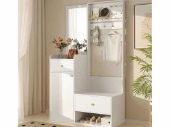 Best Merax Armario moderno - 105 x 38 x 180 cm - con espejo + ganchos ajustables + 1 puerta + 2 cajones + banco - aglomerado - Blanco