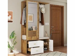 Armario multifunción con espejo, zapatero, banco de almacenaje y perchero extensible, y Madera (100x38x180 cm)